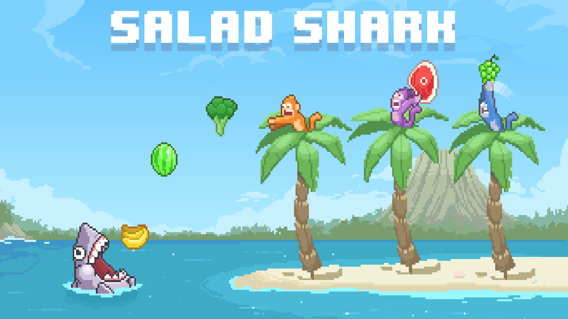 Salad Shark — a vegetarian shark in the lagoon catching fruit and veggies that monkeys throw from the palm trees